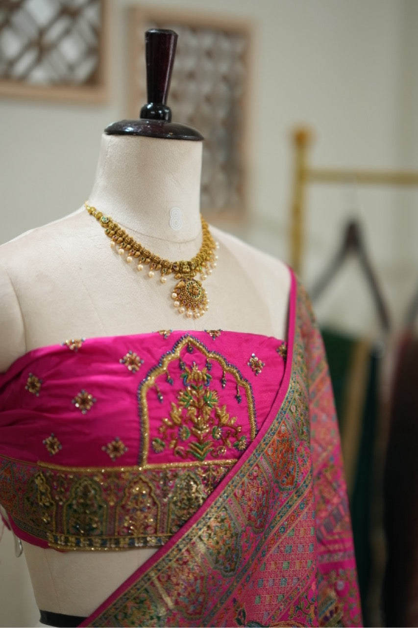 Koshur Gulab: Pink Pashmina Saree with Handwork on Blouse