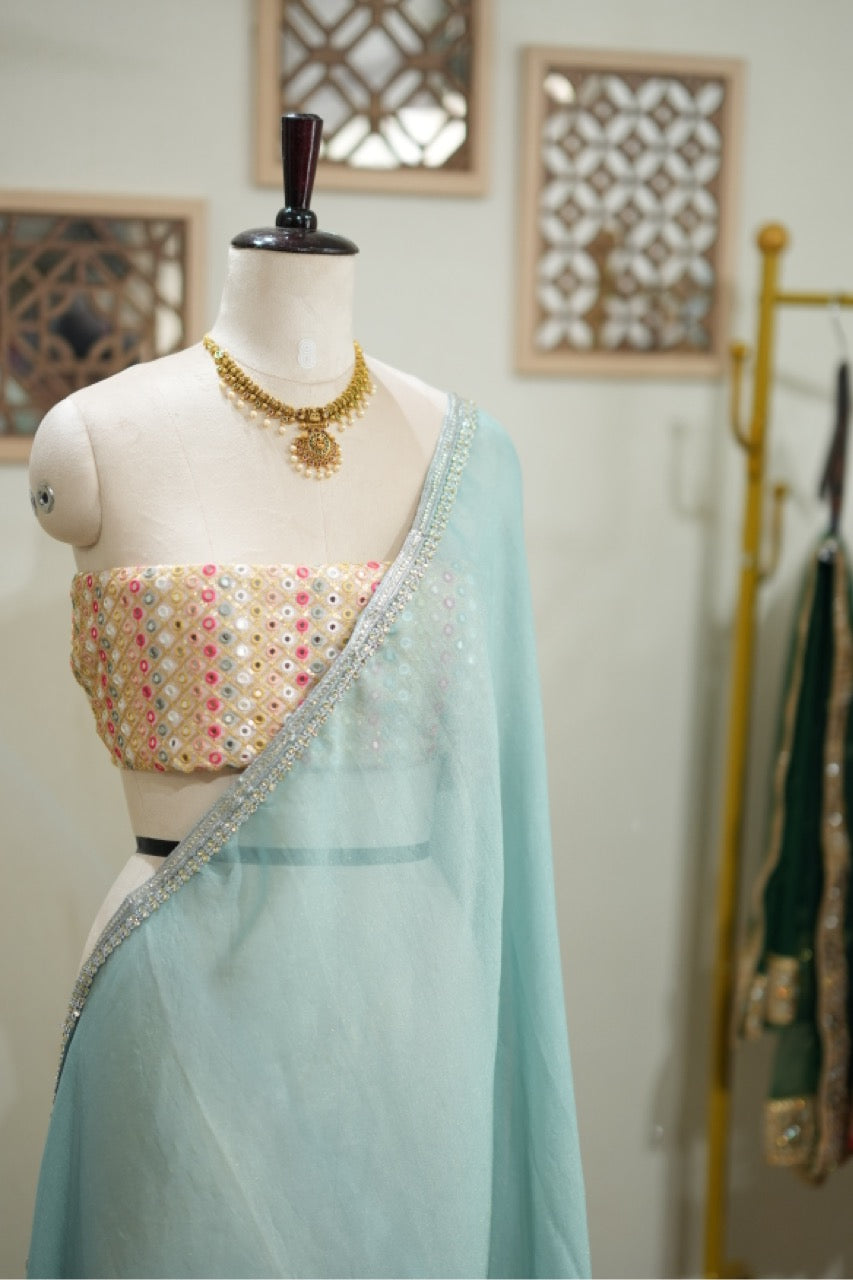 Ice Candy: Shimmer jute saree with mirror work georgette blouse