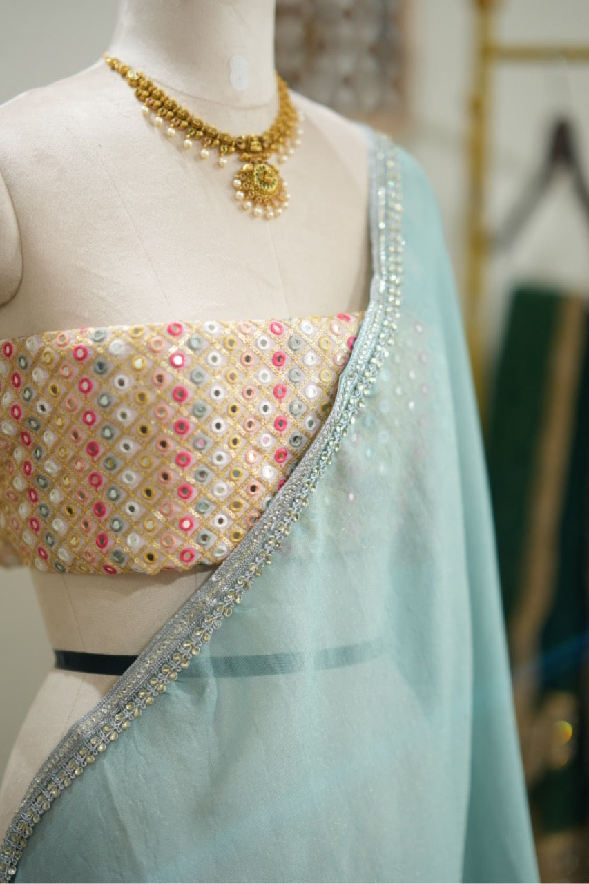 Ice Candy: Shimmer jute saree with mirror work georgette blouse