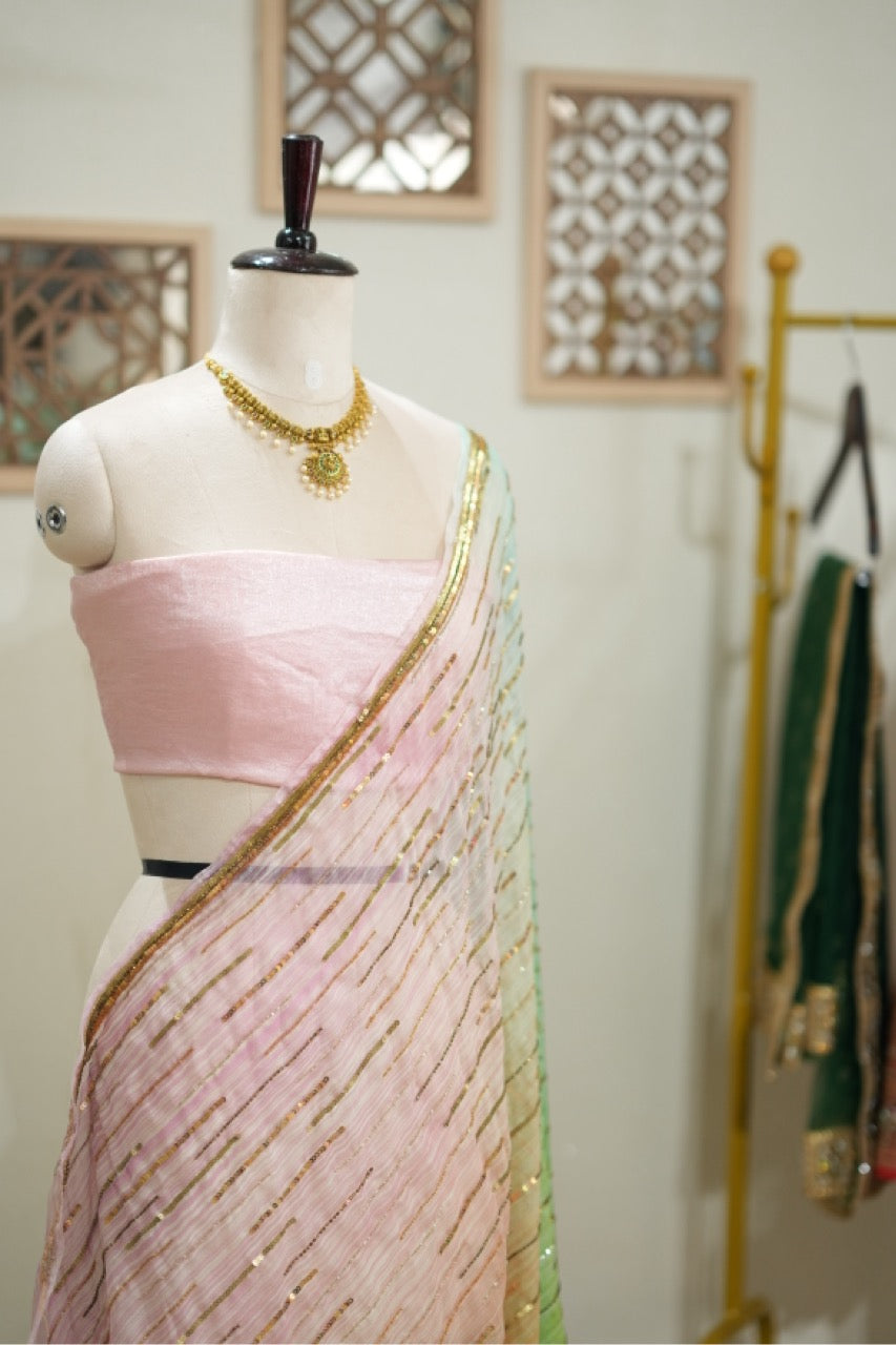 Popsicle: Pure Silk Ombre Organza Saree with Luxury Handwork | Pink Premium Imported Satin Blouse
