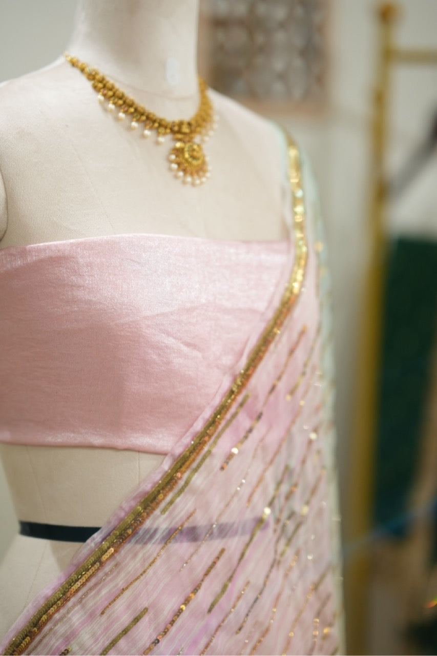 Popsicle: Pure Silk Ombre Organza Saree with Luxury Handwork | Pink Premium Imported Satin Blouse