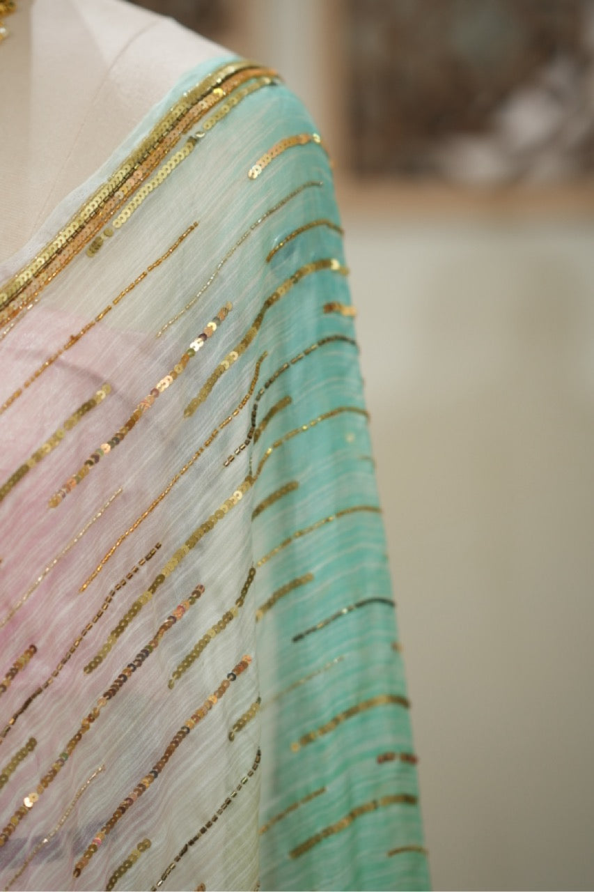 Popsicle: Pure Silk Ombre Organza Saree with Luxury Handwork | Pink Premium Imported Satin Blouse