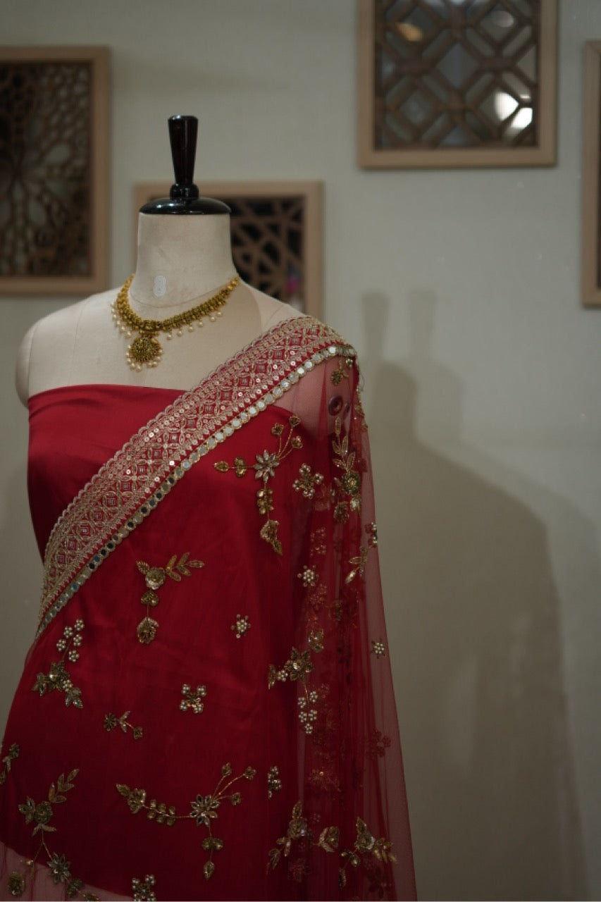 Mithra: Red Bridal Handwork Softnet Saree
