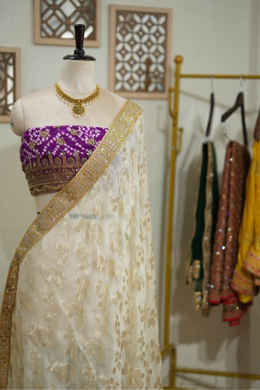 Aisha: Ivory Jute Jacquard Saree with Purple Pure Silk Handwoven Bandhani Blouse with handwork
