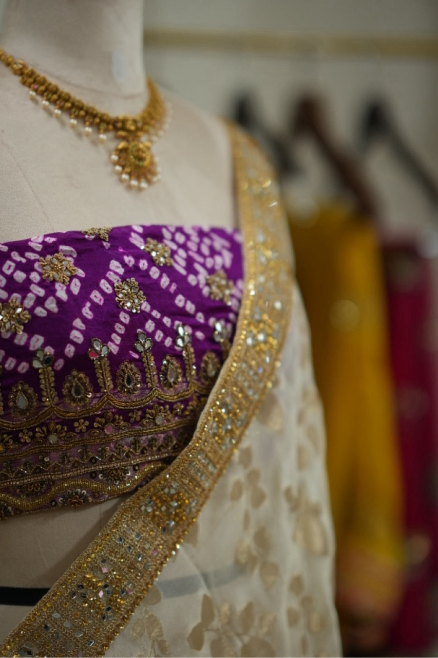 Aisha: Ivory Jute Jacquard Saree with Purple Pure Silk Handwoven Bandhani Blouse with handwork