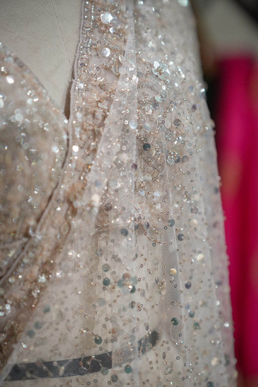Chandelier: Pink SoftNet Handwork Saree with Handwork Blouse