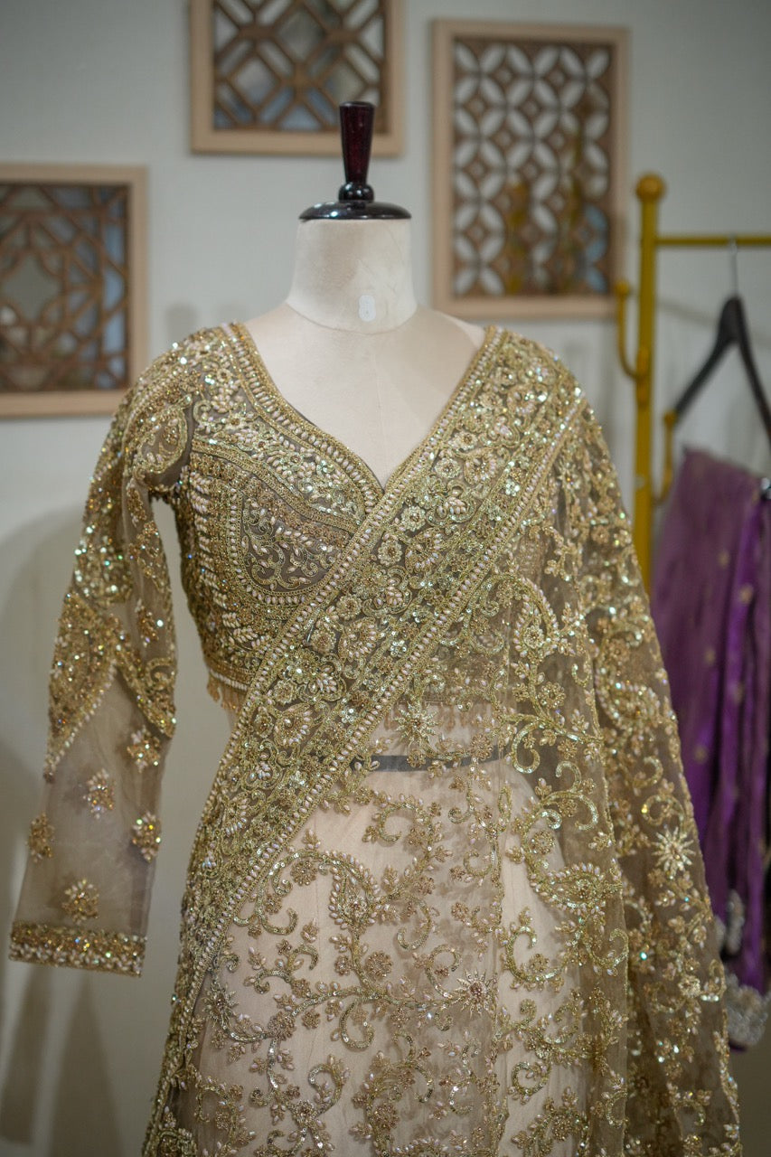 Golden Hue: Golden Softnet Saree and Blouse with handwork
