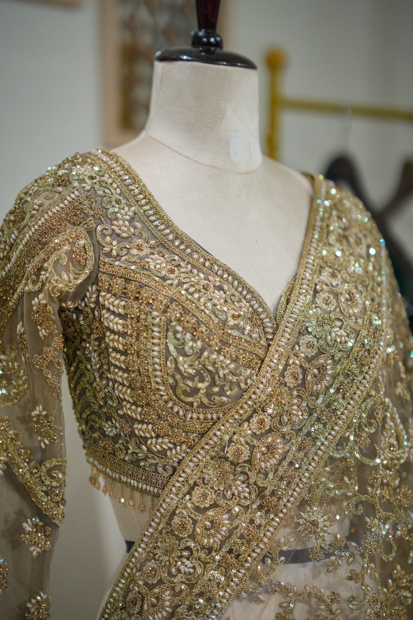 Golden Hue: Golden Softnet Saree and Blouse with handwork
