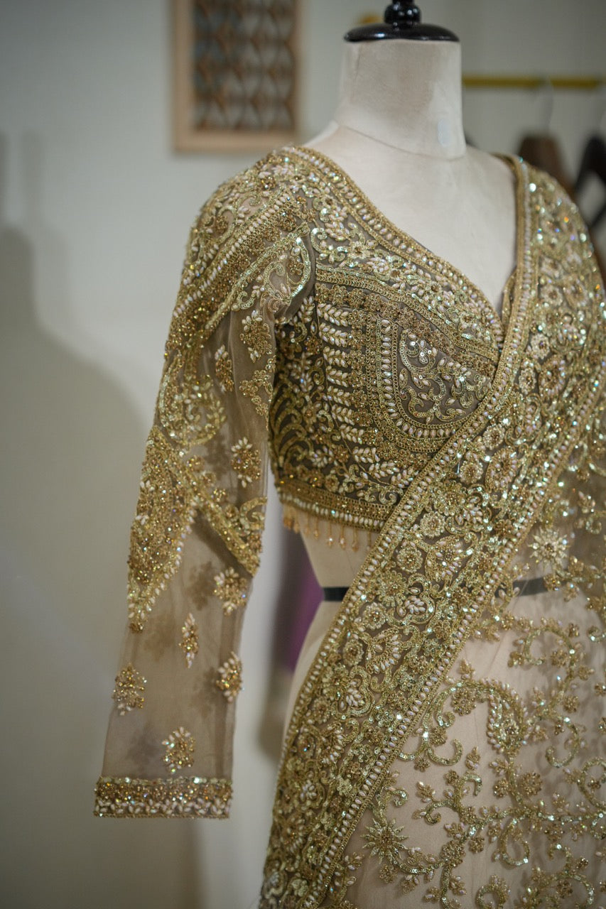 Golden Hue: Golden Softnet Saree and Blouse with handwork
