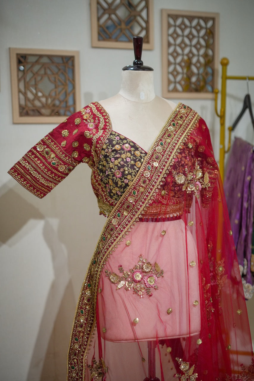 Red Bouquet : Red Softnet saree with handwork and multi fabric handwork blouse