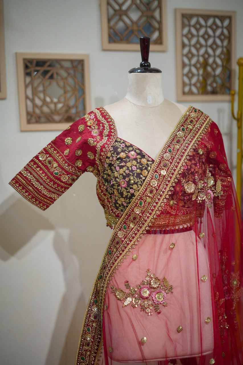 Red Bouquet : Red Softnet saree with handwork and multi fabric handwork blouse
