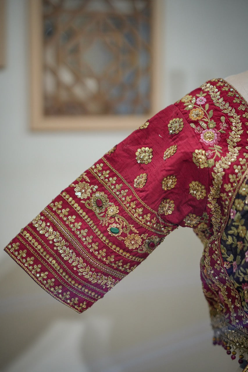 Red Bouquet : Red Softnet saree with handwork and multi fabric handwork blouse