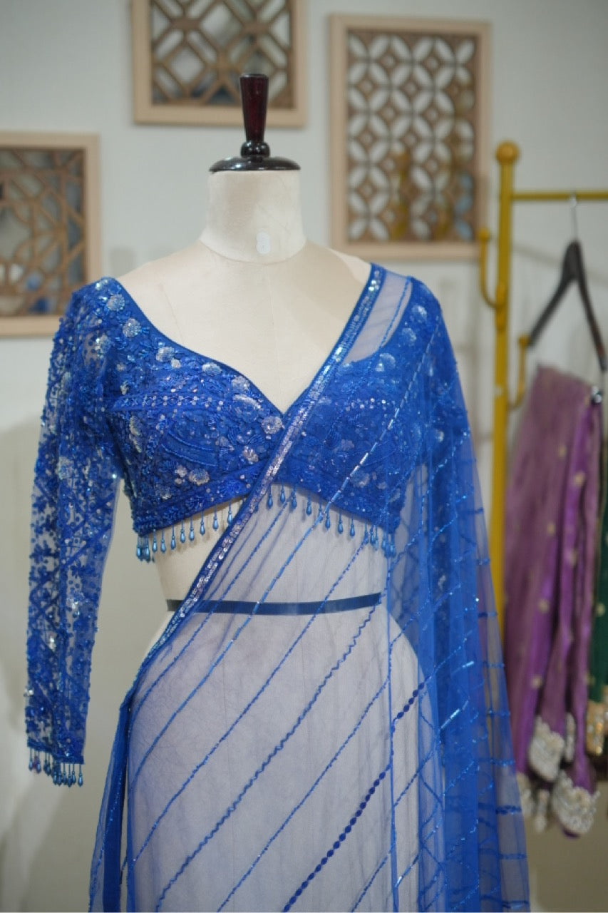 Neelima: Blue Handwork SoftNet Designer Saree with Blouse