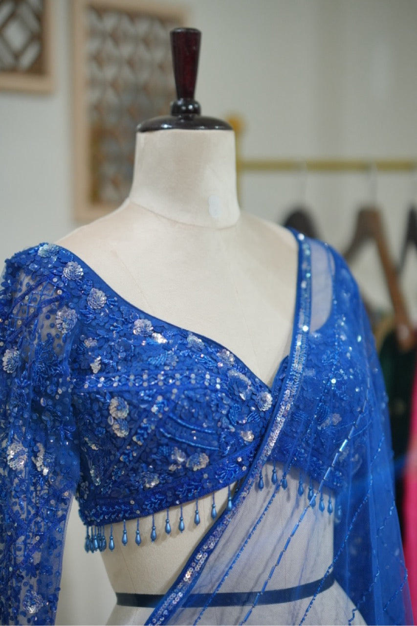 Neelima: Blue Handwork SoftNet Designer Saree with Blouse