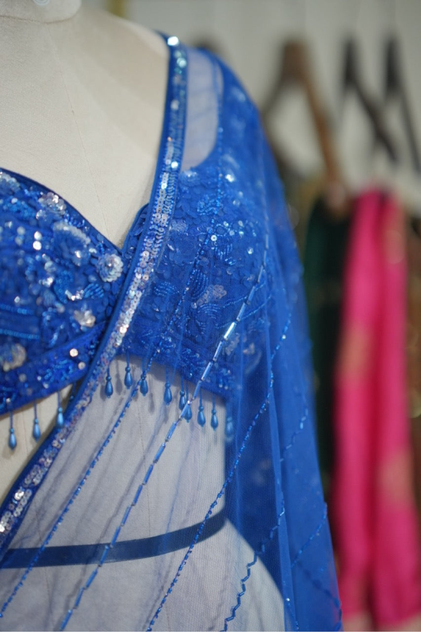 Neelima: Blue Handwork SoftNet Designer Saree with Blouse