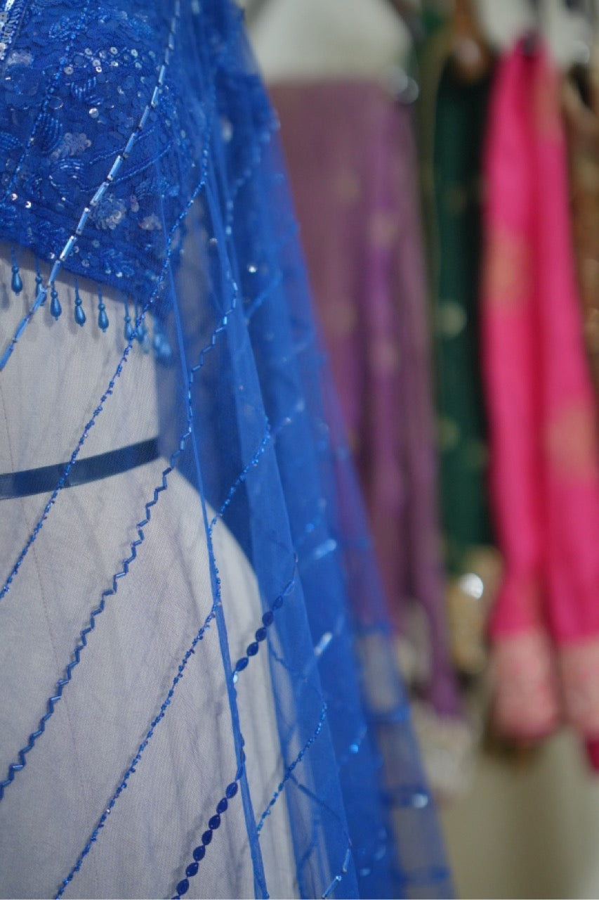 Neelima: Blue Handwork SoftNet Designer Saree with Blouse