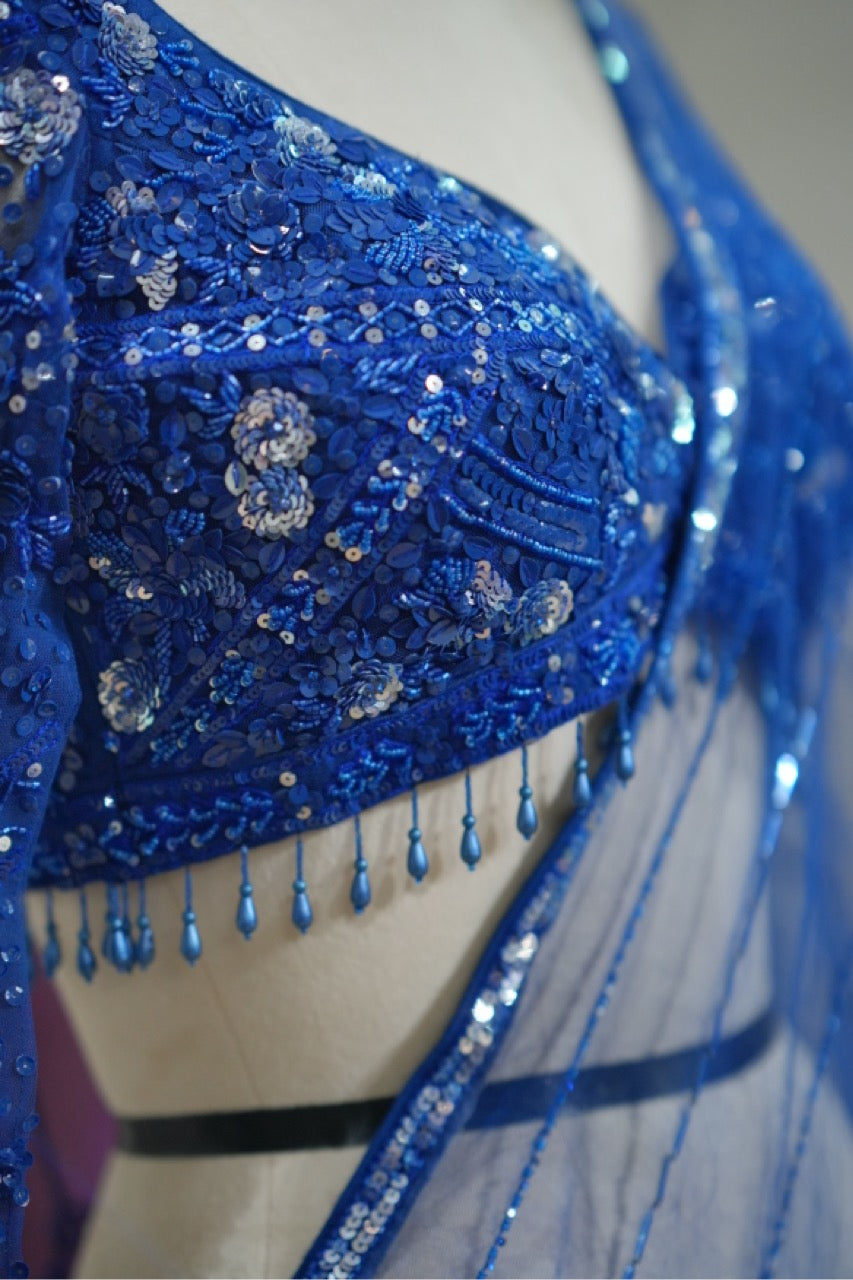 Neelima: Blue Handwork SoftNet Designer Saree with Blouse