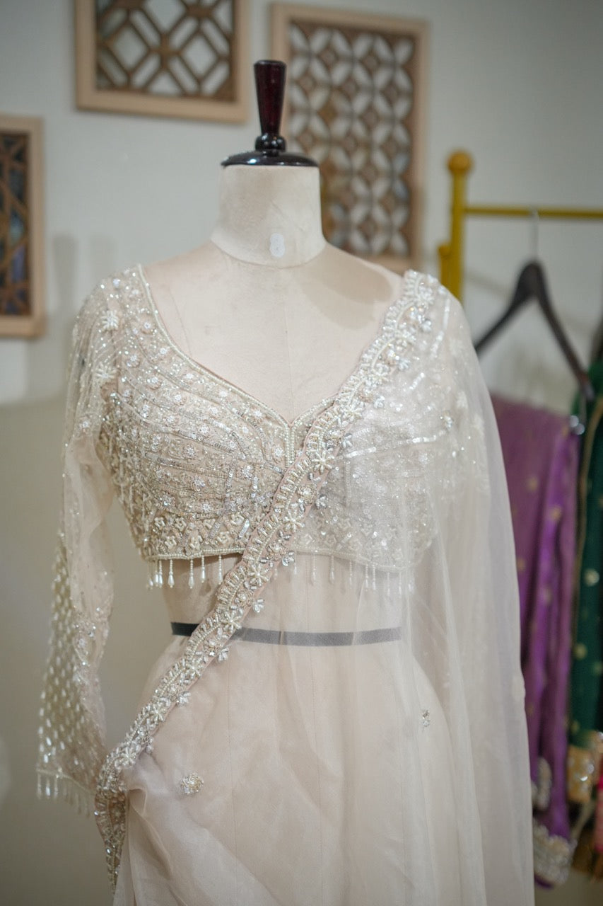 Swan: White Organza Saree with Handwork on Saree and Blouse
