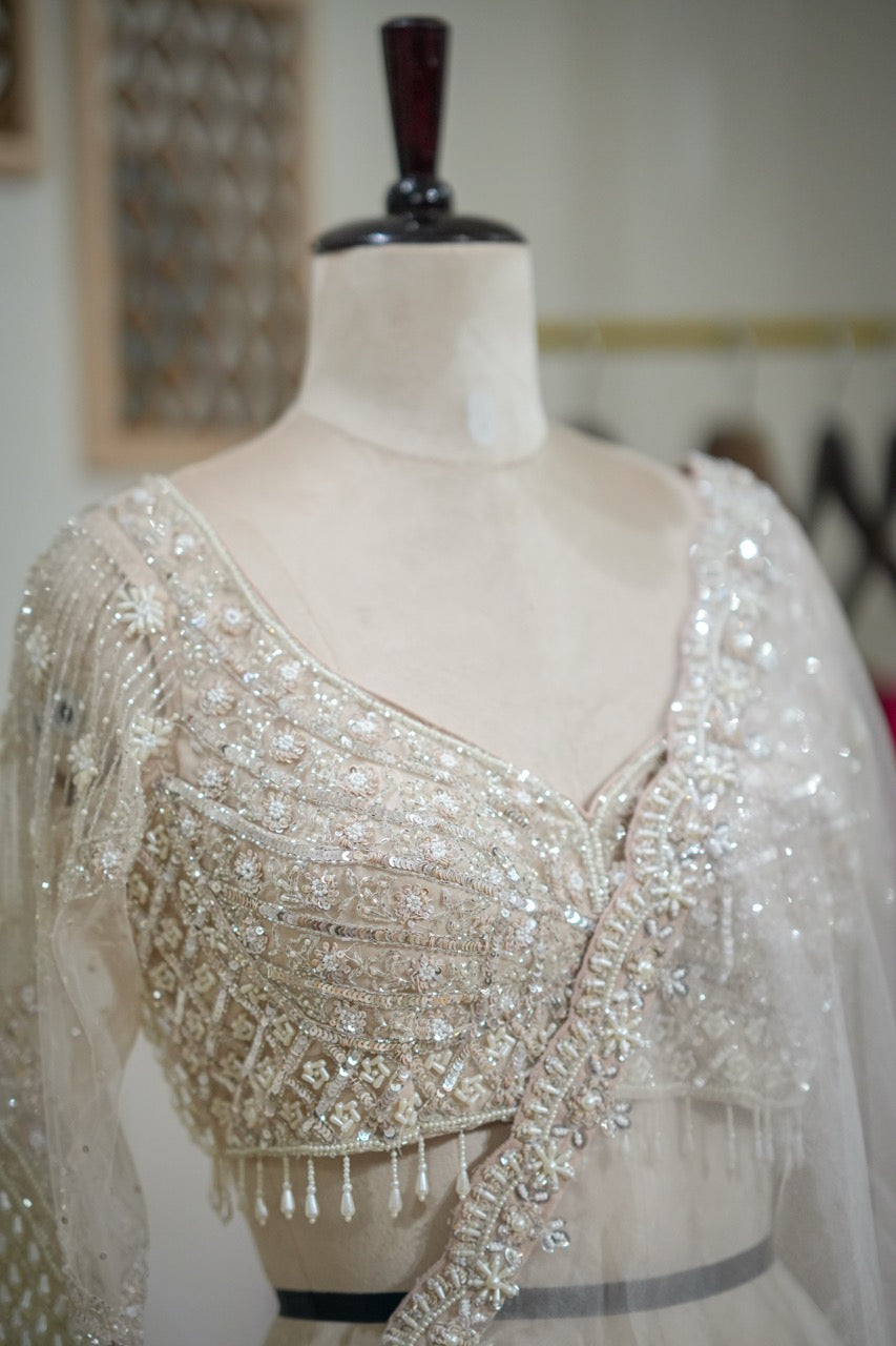 Swan: White Organza Saree with Handwork on Saree and Blouse