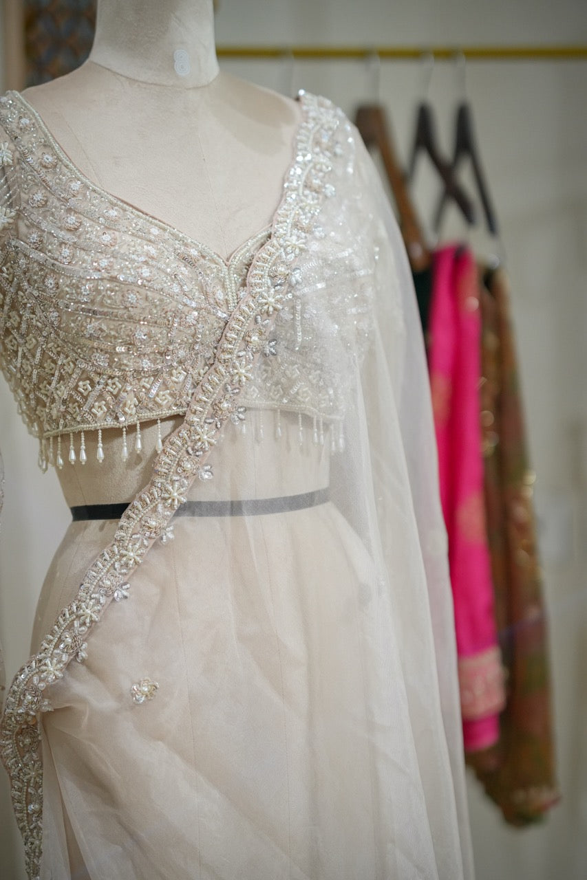 Swan: White Organza Saree with Handwork on Saree and Blouse