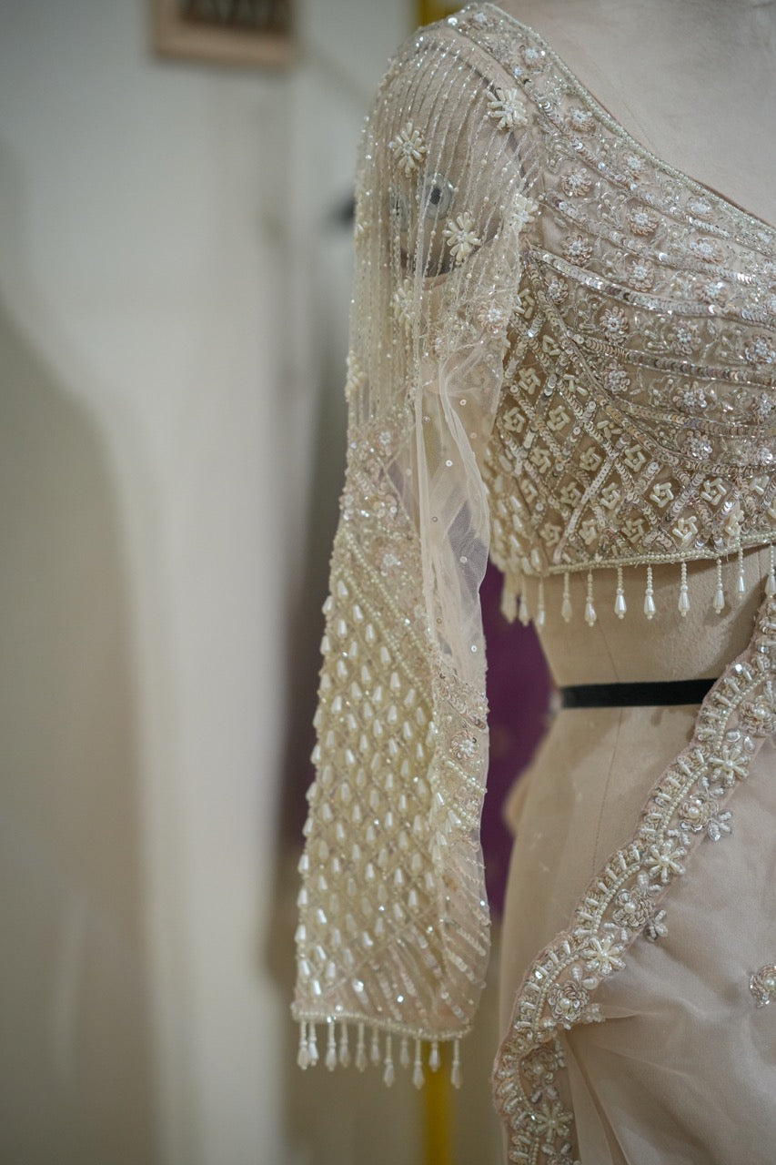 Swan: White Organza Saree with Handwork on Saree and Blouse