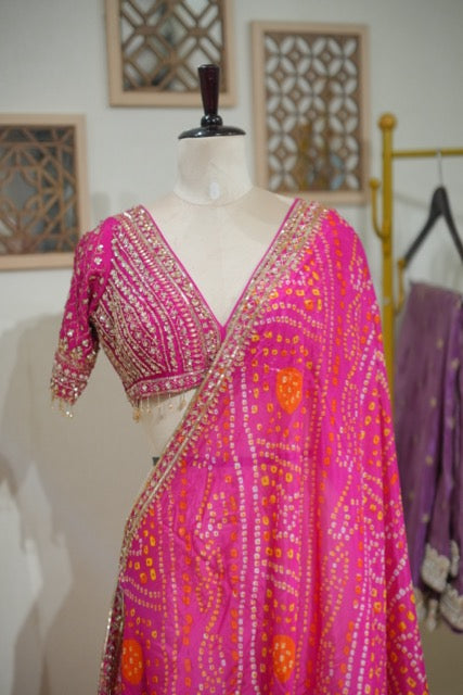 Hibiscus: Pink Bandhani saree and Blouse with handwork