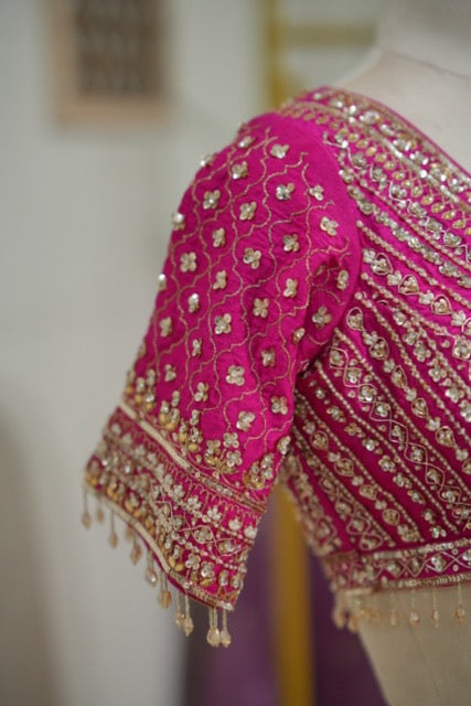 Hibiscus: Pink Bandhani saree and Blouse with handwork