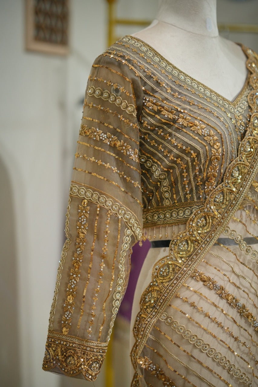 Golden Hour: Golden Softnet Saree and Blouse with handwork