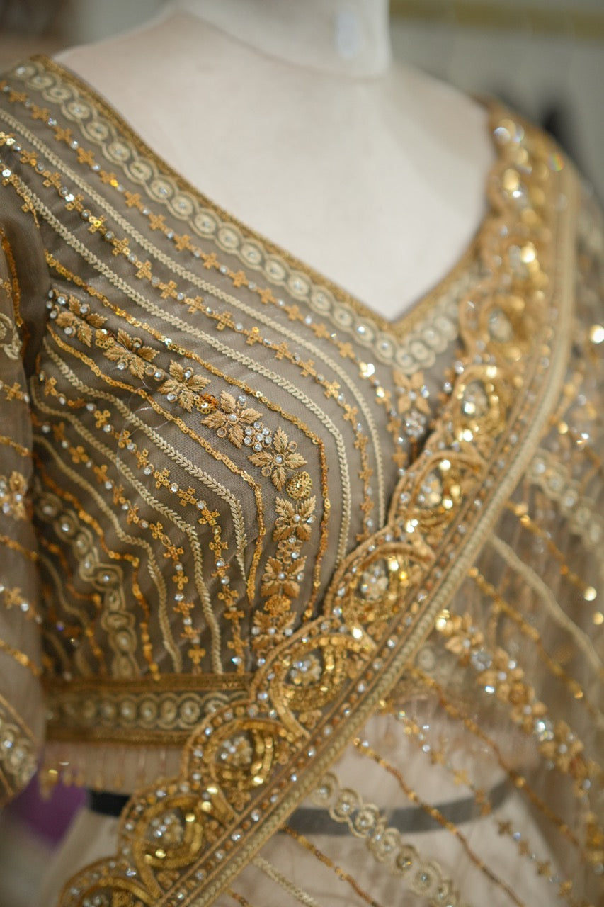 Golden Hour: Golden Softnet Saree and Blouse with handwork