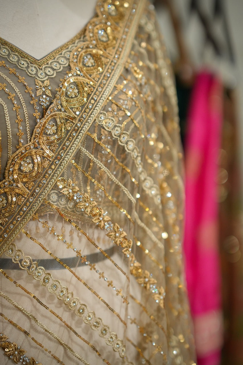 Golden Hour: Golden Softnet Saree and Blouse with handwork