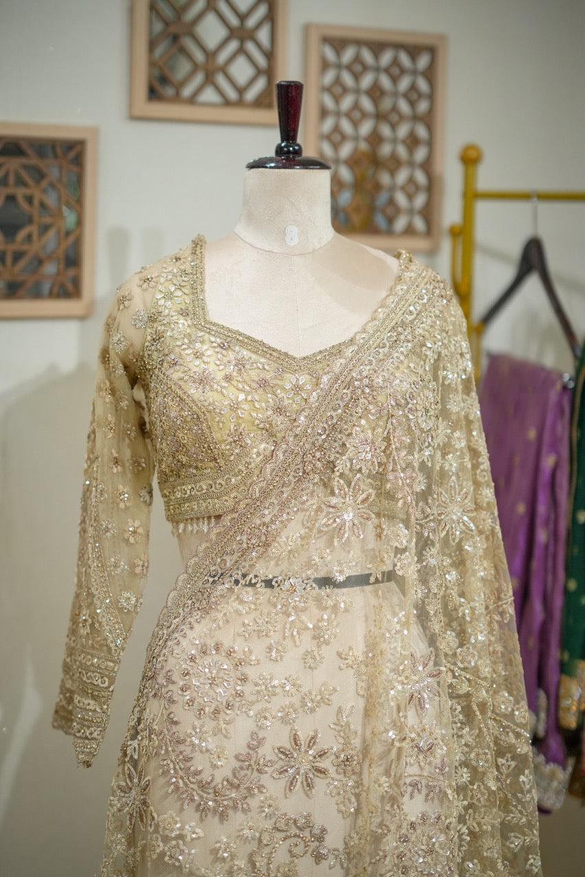 Sonakshi:Golden Softnet Saree and Blouse with handwork