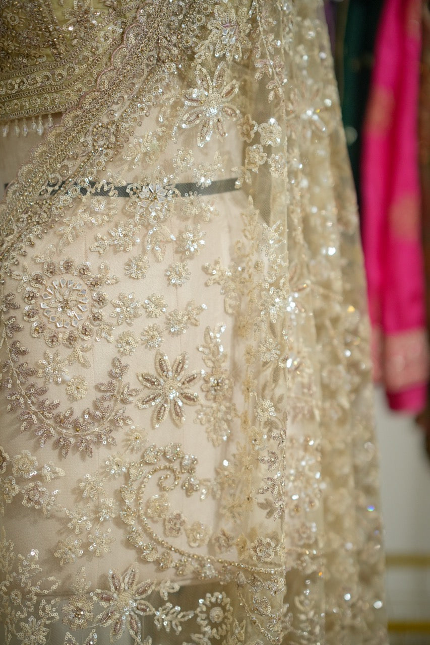 Sonakshi:Golden Softnet Saree and Blouse with handwork