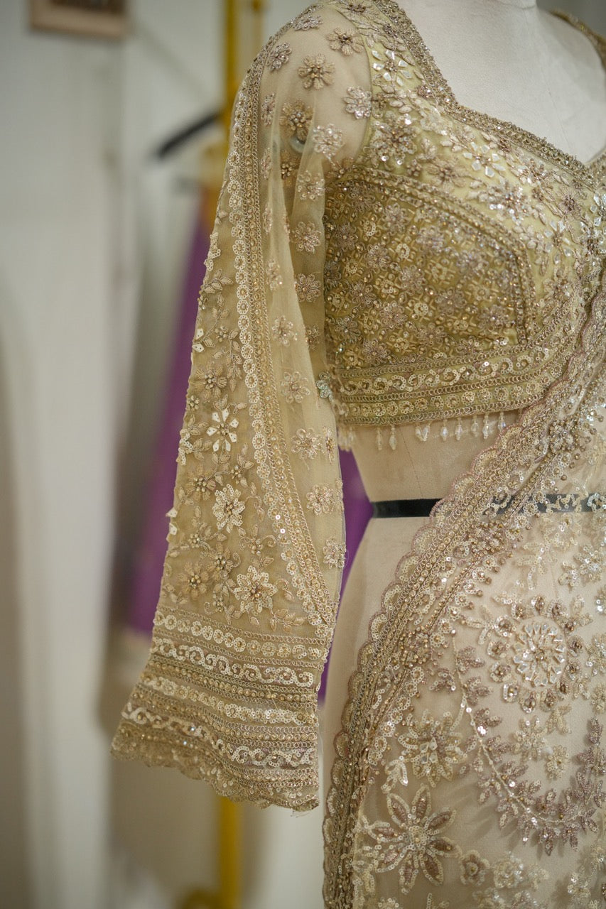 Sonakshi:Golden Softnet Saree and Blouse with handwork