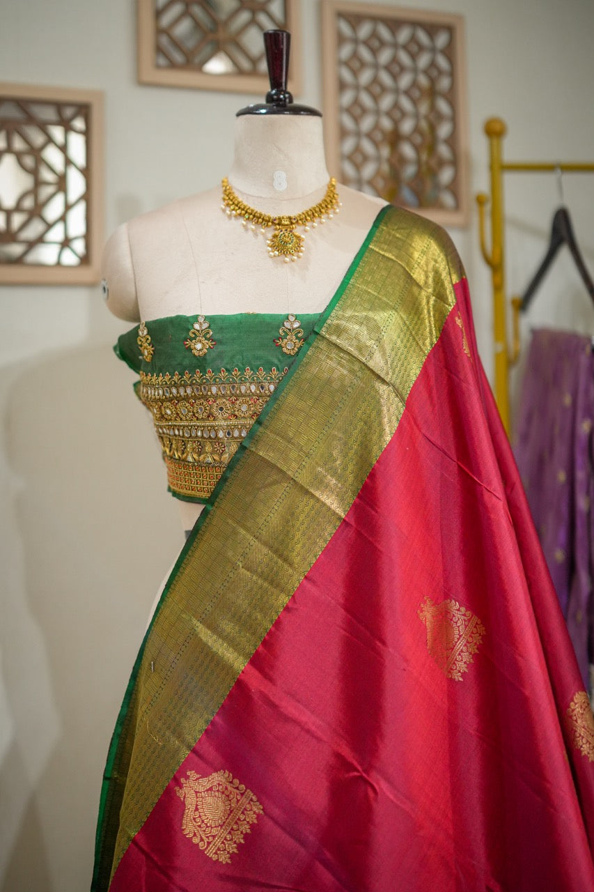 Parvati: Red and Green Pure Silk Handwoven Kanjeevaram with Handwork Blouse
