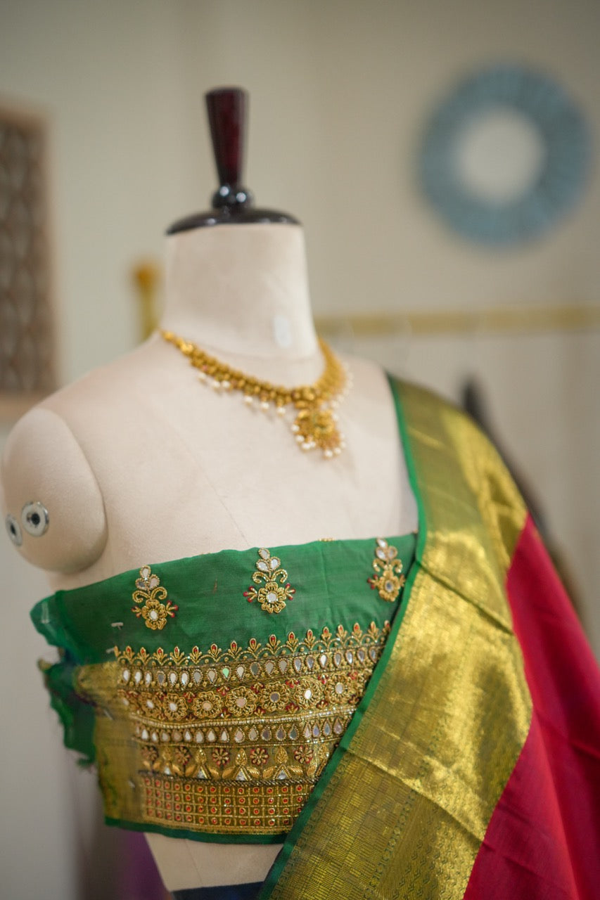 Parvati: Red and Green Pure Silk Handwoven Kanjeevaram with Handwork Blouse
