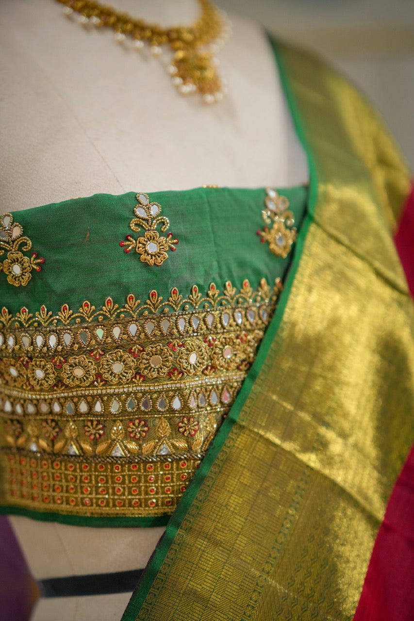 Parvati: Red and Green Pure Silk Handwoven Kanjeevaram with Handwork Blouse