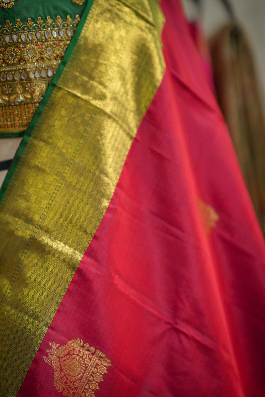 Parvati: Red and Green Pure Silk Handwoven Kanjeevaram with Handwork Blouse