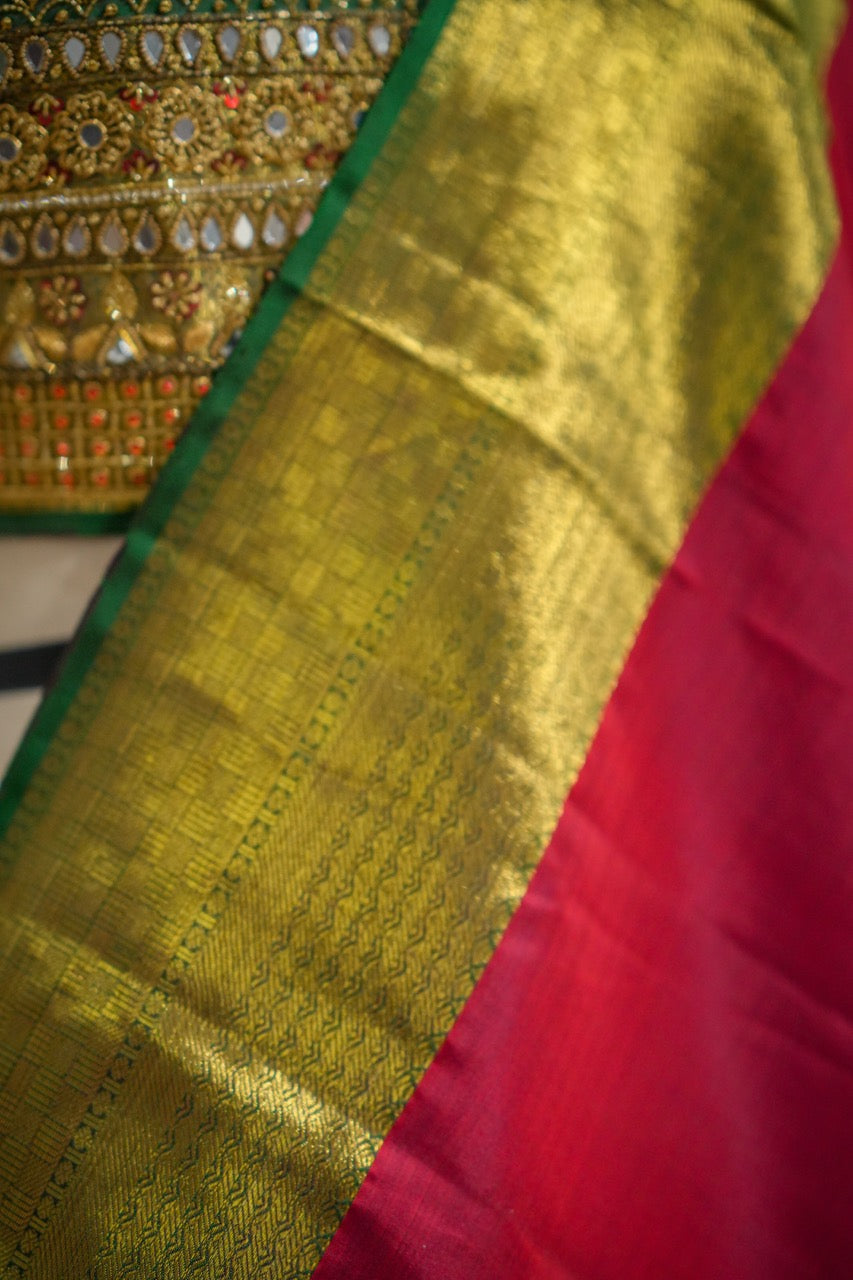 Parvati: Red and Green Pure Silk Handwoven Kanjeevaram with Handwork Blouse
