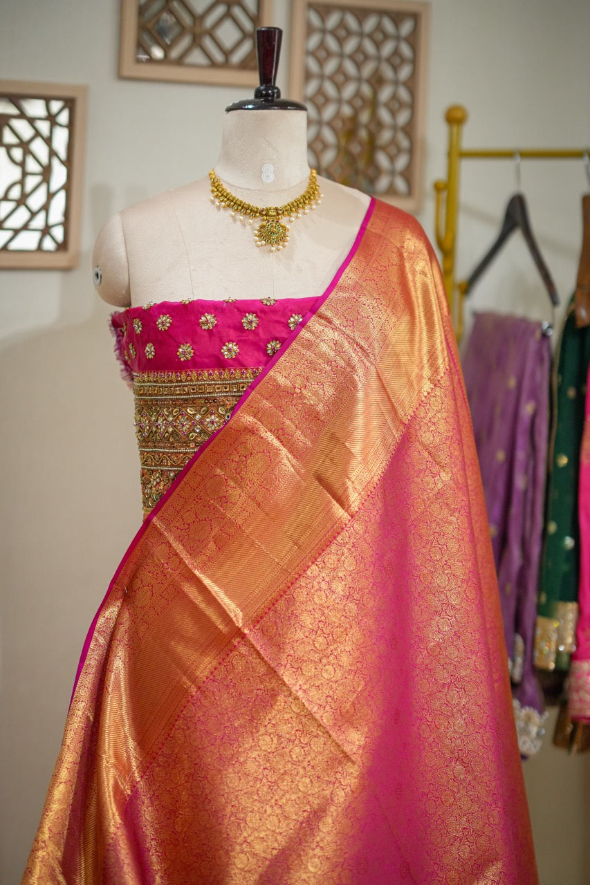 Lakshmi: Pink Pure Silk Handwoven Tissue Kanjeevaram with Handwork Self Blouse