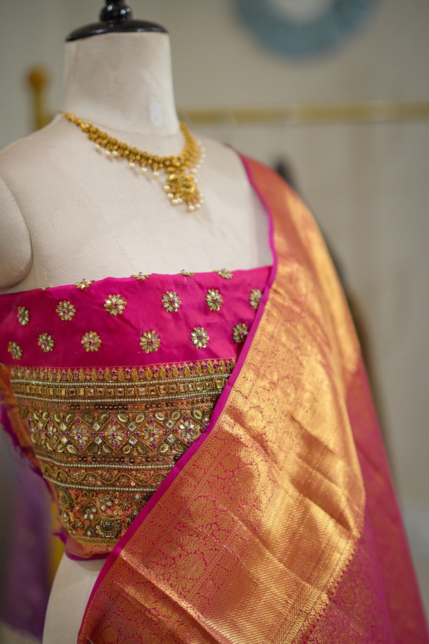 Lakshmi: Pink Pure Silk Handwoven Tissue Kanjeevaram with Handwork Self Blouse