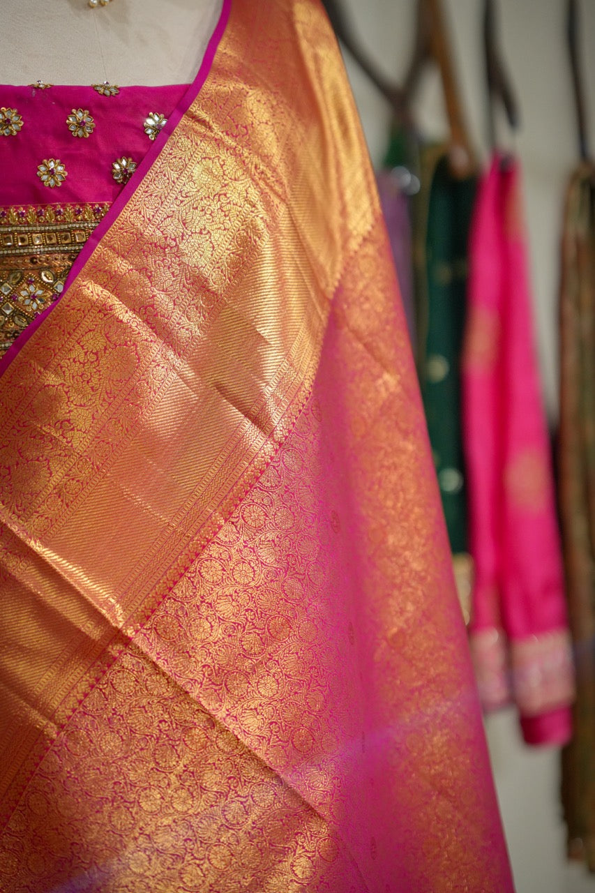 Lakshmi: Pink Pure Silk Handwoven Tissue Kanjeevaram with Handwork Self Blouse