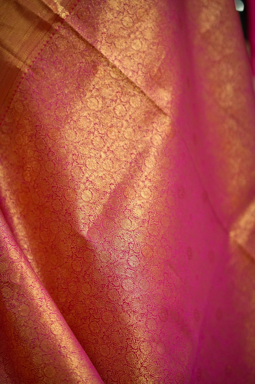 Lakshmi: Pink Pure Silk Handwoven Tissue Kanjeevaram with Handwork Self Blouse