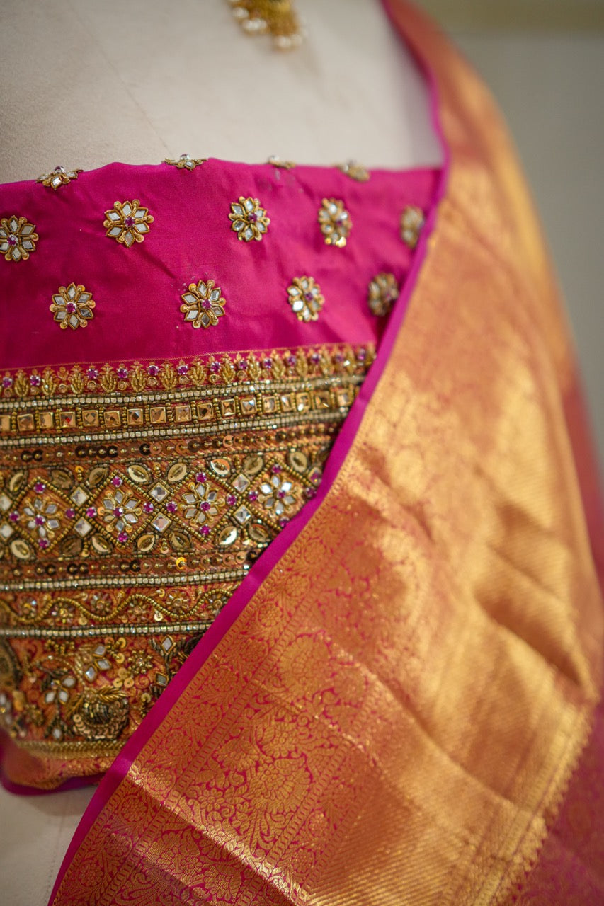 Lakshmi: Pink Pure Silk Handwoven Tissue Kanjeevaram with Handwork Self Blouse