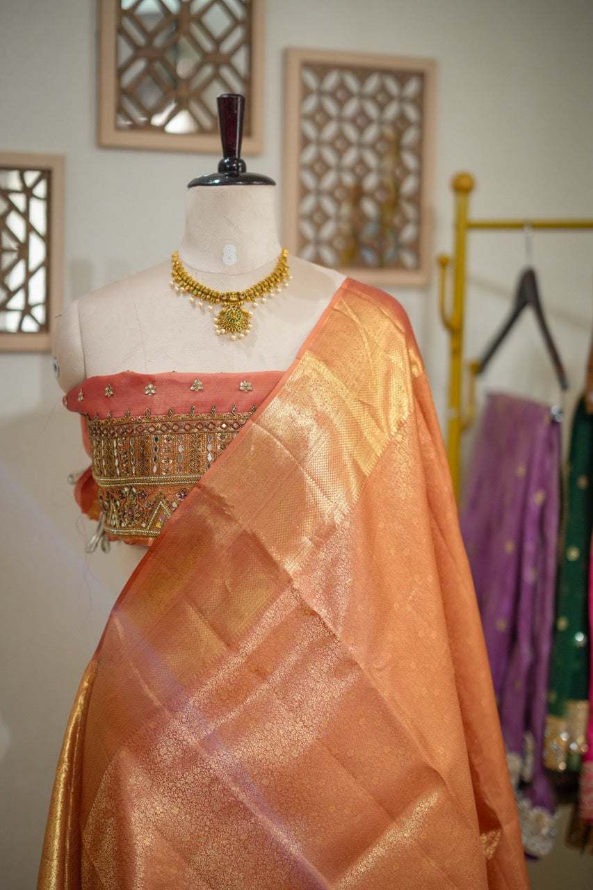 Gauri: Orange Handwoven Kanjeevaram Saree with Handwork on Blouse