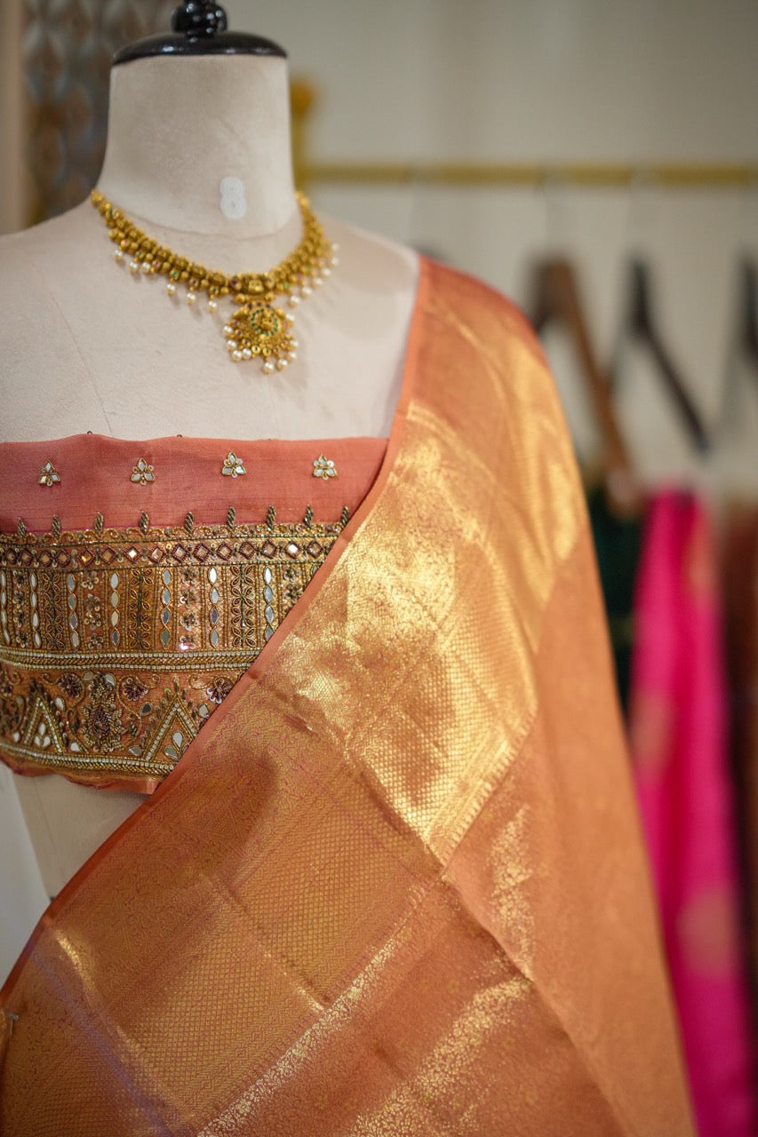 Gauri: Orange Handwoven Kanjeevaram Saree with Handwork on Blouse