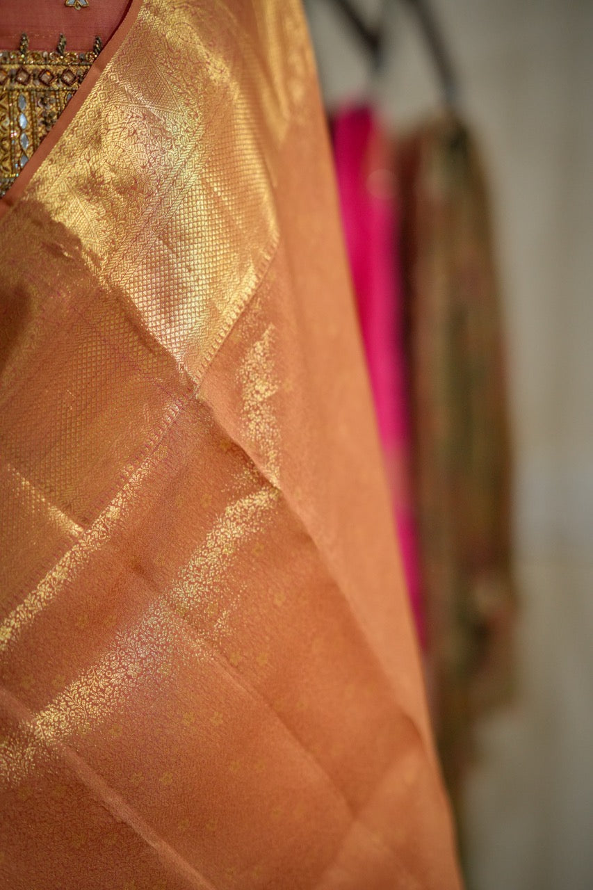 Gauri: Orange Handwoven Kanjeevaram Saree with Handwork on Blouse