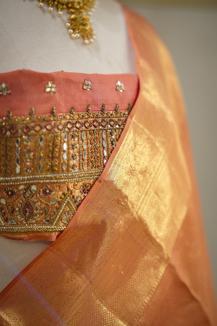 Gauri: Orange Handwoven Kanjeevaram Saree with Handwork on Blouse