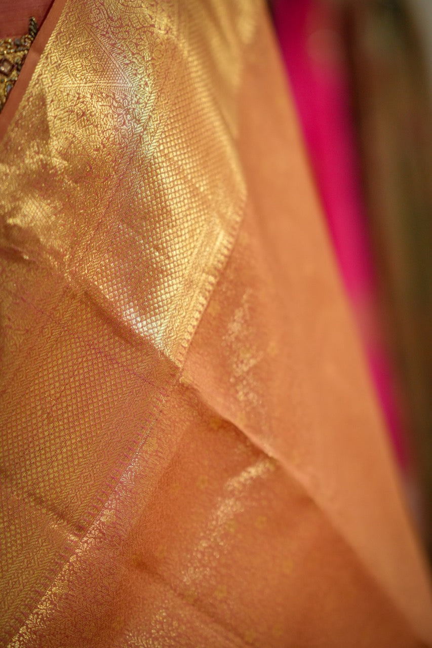 Gauri: Orange Handwoven Kanjeevaram Saree with Handwork on Blouse