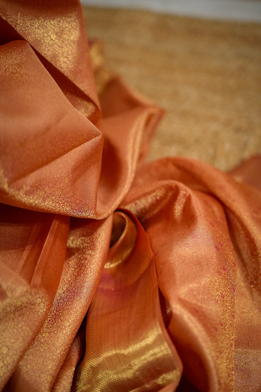 Gauri: Orange Handwoven Kanjeevaram Saree with Handwork on Blouse