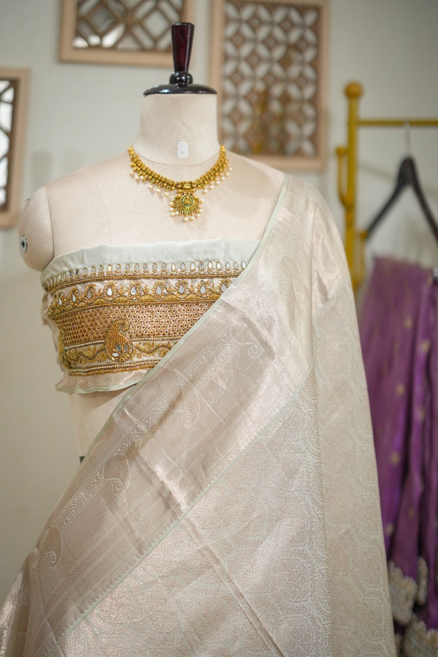 Chandrani: Pale Mint Handwoven Kanjeevaram Saree with Handwork on Blouse